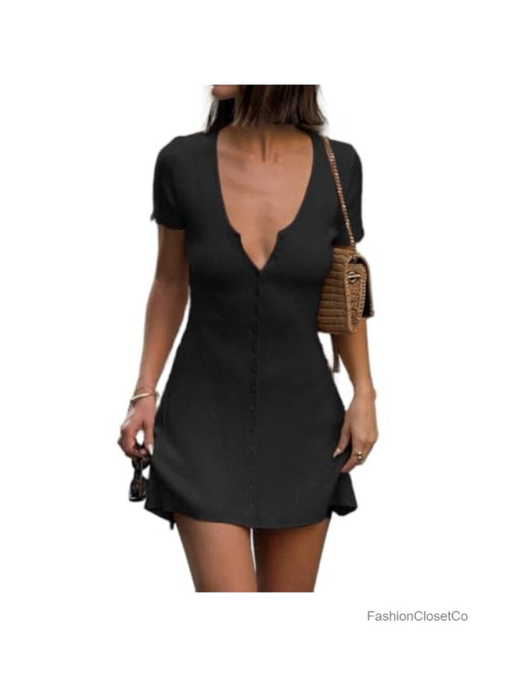 Women's V-Neck Button Down Knitted Mini Dress Slim Fit Cap Sleeve Flowy Summer